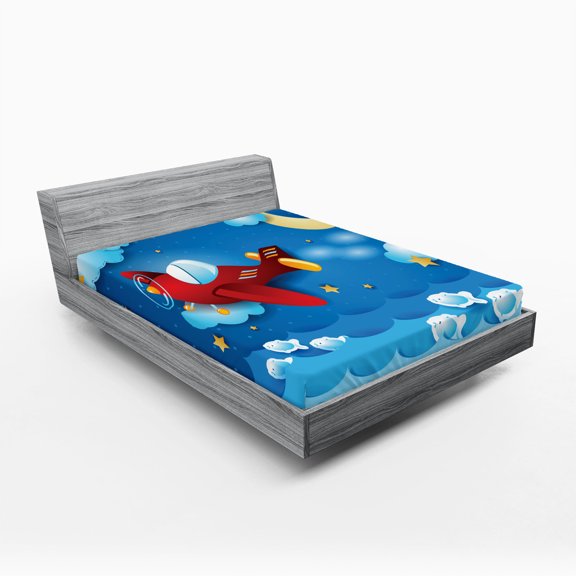 Ambesonne Moon Fitted Sheet, Moon and Stars, Full Size, Blue and Yellow