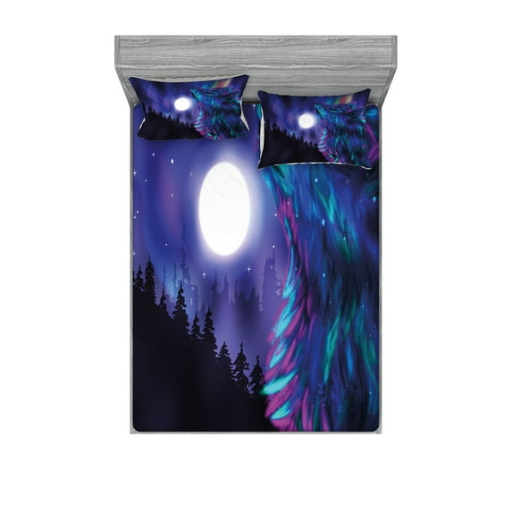 Ambesonne Moon Fitted Sheet & Pillow Sham Set, Aurora Borealis and Wolf, King, Indigo Aqua Magenta