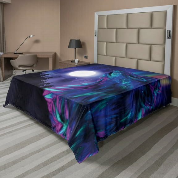 Ambesonne Moon Flat Sheet, Aurora Borealis and Wolf, California King, Indigo Aqua Magenta