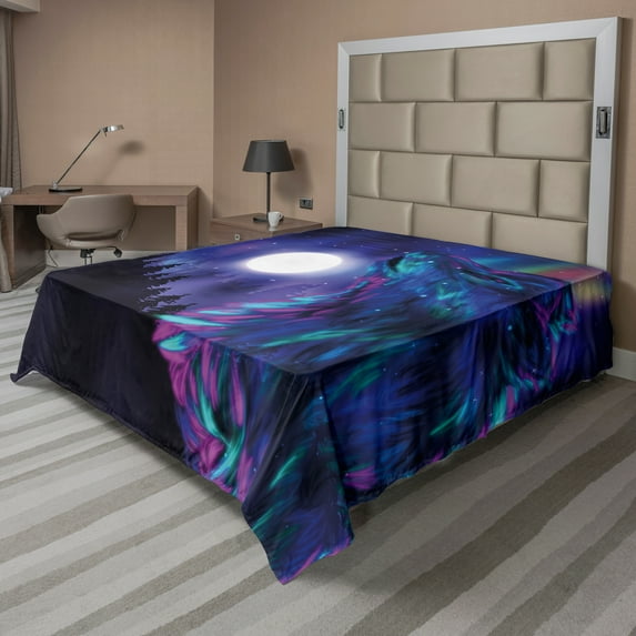 Ambesonne Moon Flat Sheet, Aurora Borealis and Wolf, King Size, Indigo Aqua Magenta