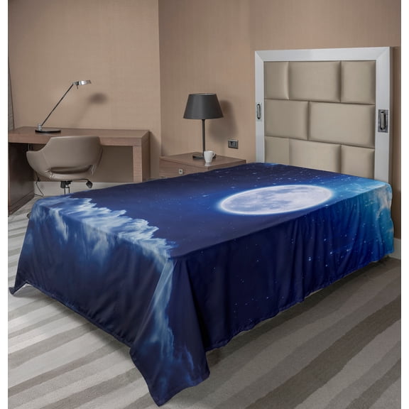Ambesonne Moon Flat Sheet, Full Moon Falling Stars, TwinXL Size, Indigo Blue White