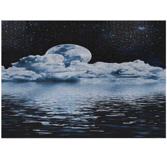 Ambesonne Moon Jigsaw Puzzle Durable Cardboard, Moon Sets over Clouds, 1000 pcs, Black Blue White