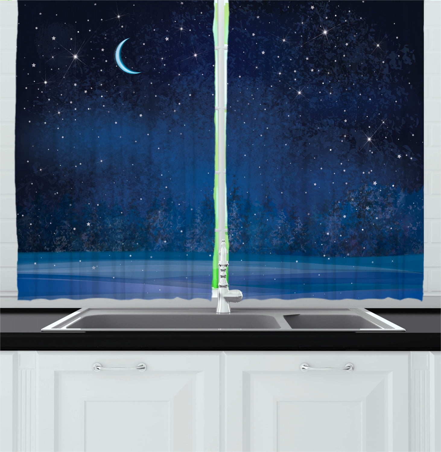 Ambesonne Moon Kitchen Curtains, Winter Season Nighttime, 55"x39", Dark