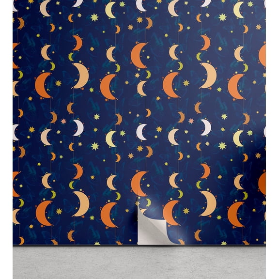 Ambesonne Moon Peel & Stick Wallpaper for Home, Night Crescents and Stars Art, 13"x36", Indigo Orange Peach