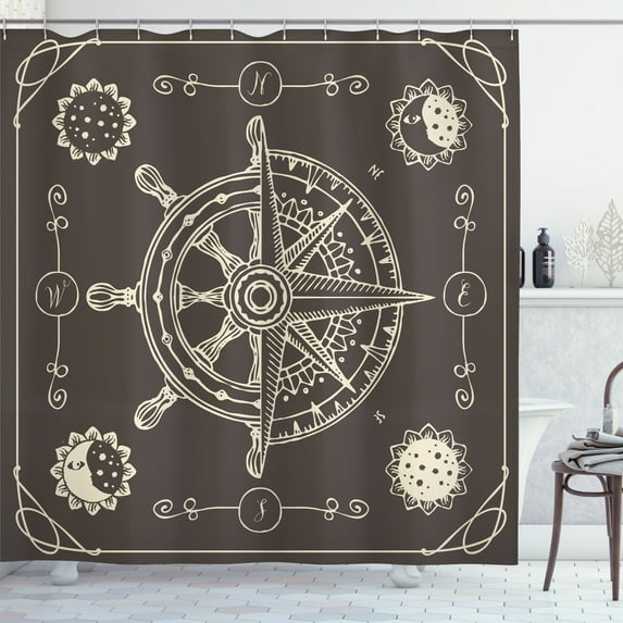 Ambesonne Moon Phase Shower Curtain, Maritime Themed Compass, 69"Wx84"L, Taupe and Eggshell