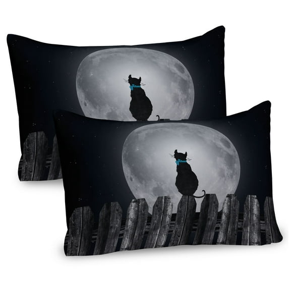 Ambesonne Moon Pillow Sham 2 Pack, Cat Looking at the Moon, 36"x20", Black Pale Grey Blue