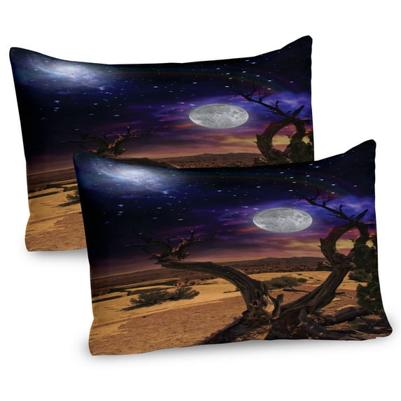 Ambesonne Moon Pillow Sham 2 Pack, Desert Night Nebula Stars, 36"x20", Caramel Purple