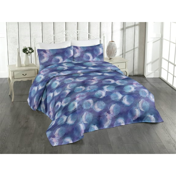 Ambesonne Moon Print Quilted Bedspread Set 3 Pcs, Crescent Bohemian Design, King, Dark Violet and Pale Sky Blue