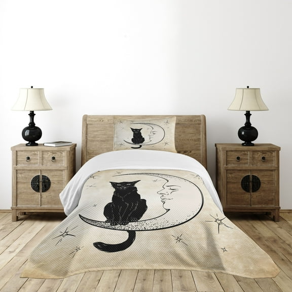 Ambesonne Moon Quilted Bedspread Set 2 Pcs, Black Cat Siting on Moon, Twin Size, Sand Brown Black