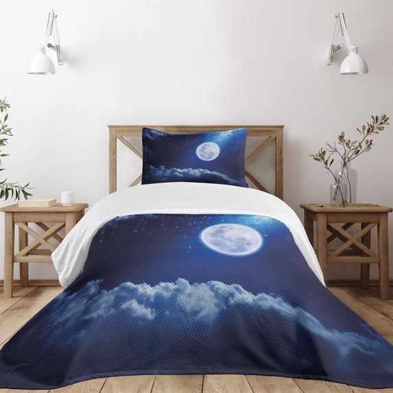 Ambesonne Moon Quilted Bedspread Set 2 Pcs, Full Moon Falling Stars, Twin Size, Indigo Blue White