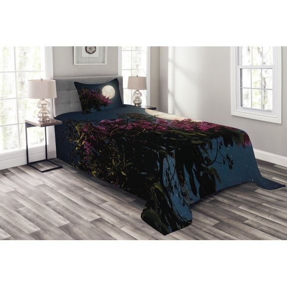 Ambesonne Moon Quilted Bedspread Set 2 Pcs, Milky Way Eastern Night, Twin Size, Magenta Ivory Dark Blue