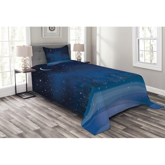 Ambesonne Moon Quilted Bedspread Set 2 Pcs, Winter Season Nighttime, Twin Size, Dark Blue