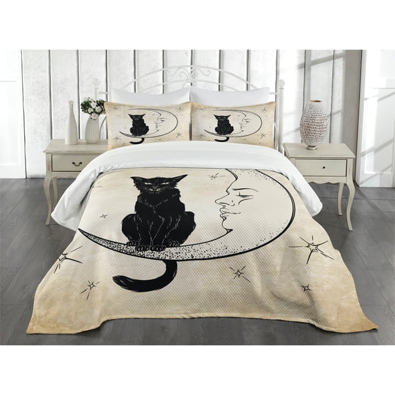 Ambesonne Moon Quilted Bedspread Set 3 Pcs, Black Cat Siting on Moon, Queen Size, Sand Brown Black