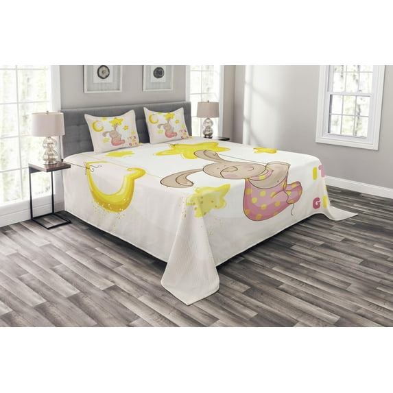 Ambesonne Moon Quilted Bedspread Set 3 Pcs, Cartoon Bunny Stars Moon, Queen Size, Pale Pink Yellow Tan