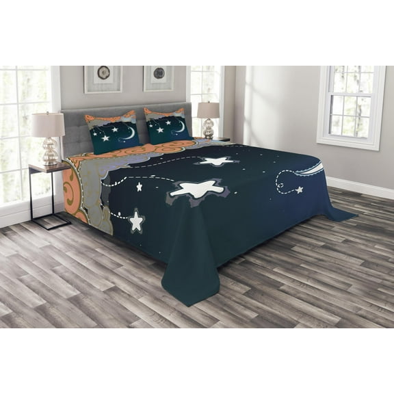 Ambesonne Moon Quilted Bedspread Set 3 Pcs, Clouds Stars and Moon, Queen Size, Dark Blue Salmon White