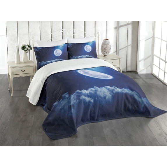 Ambesonne Moon Quilted Bedspread Set 3 Pcs, Full Moon Falling Stars, Queen Size, Indigo Blue White