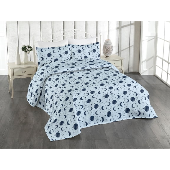 Ambesonne Moon Quilted Bedspread Set 3 Pcs, Grunge Night Stars Crescent, King, Soft Blue Night Blue