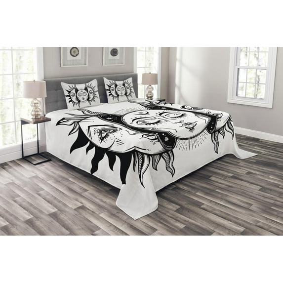 Ambesonne Moon Quilted Bedspread Set 3 Pcs, Monochrome Sun and Moon, King Size, Black White