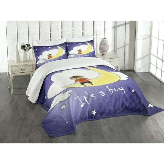 Ambesonne Moon Quilted Bedspread Set 3 Pcs, Sketchy Night Clouds Stars, King Size, Indigo Yellow White