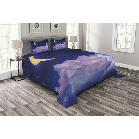 Ambesonne Moon Quilted Bedspread Set 3 Pcs, Stars in the Night Cosmic, Queen Size, Yellow Purple