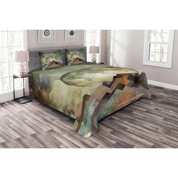 Ambesonne Moon Quilted Bedspread Set 3 Pcs, Stripes with Grunge Effect, Queen Size, Multicolor