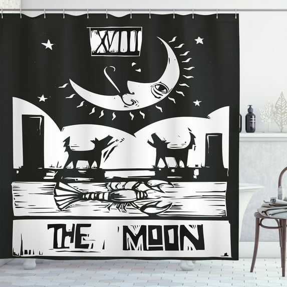 Ambesonne Moon Shower Curtain, Lobster Wolves Moon Tarot, 69"Wx70"L, Charcoal Grey White