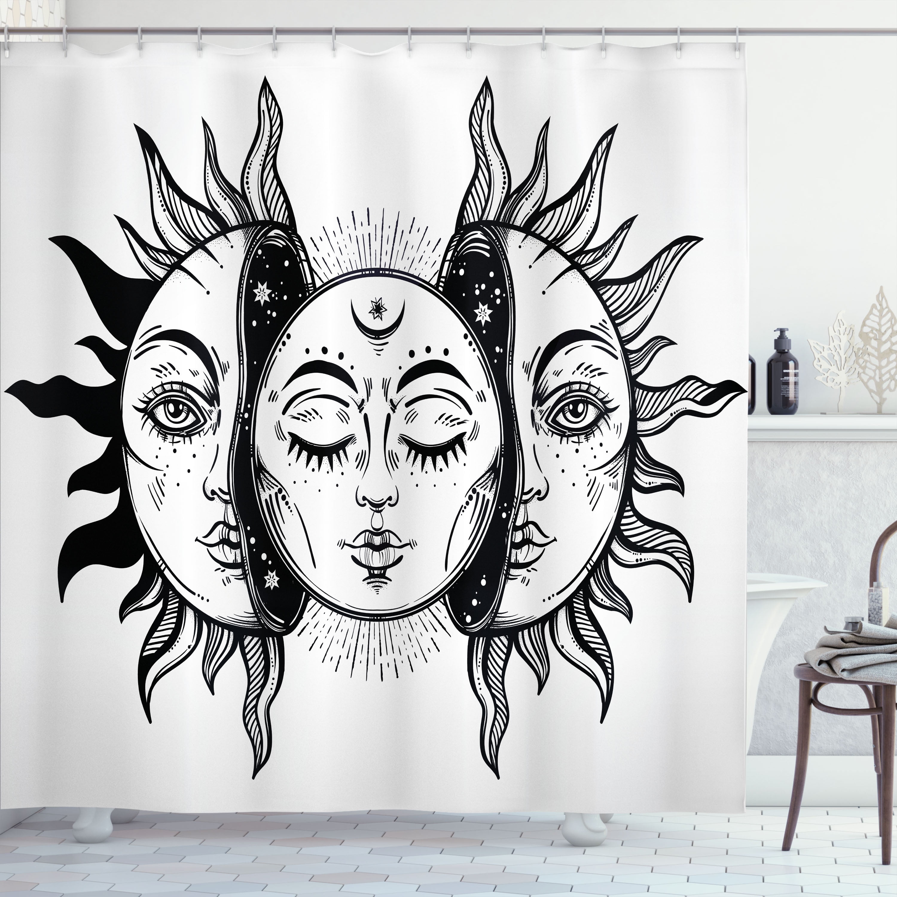 Ambesonne Moon Shower Curtain, Monochrome Sun and Moon, 69"Wx75"L, Black White
