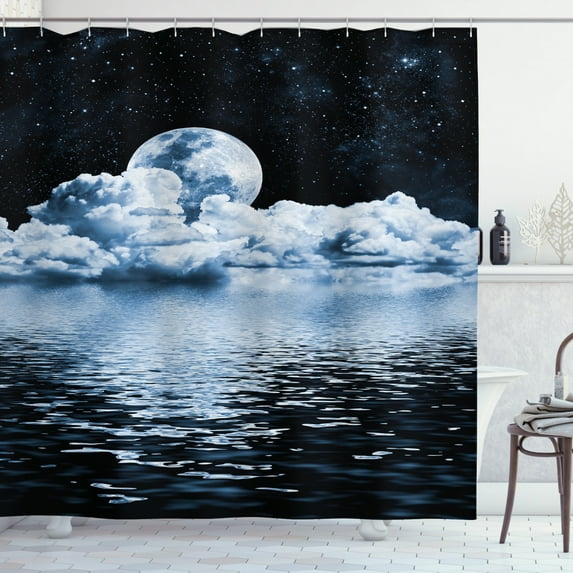 Ambesonne Moon Shower Curtain, Moon Sets over Clouds, 69"Wx75"L, Black Blue White