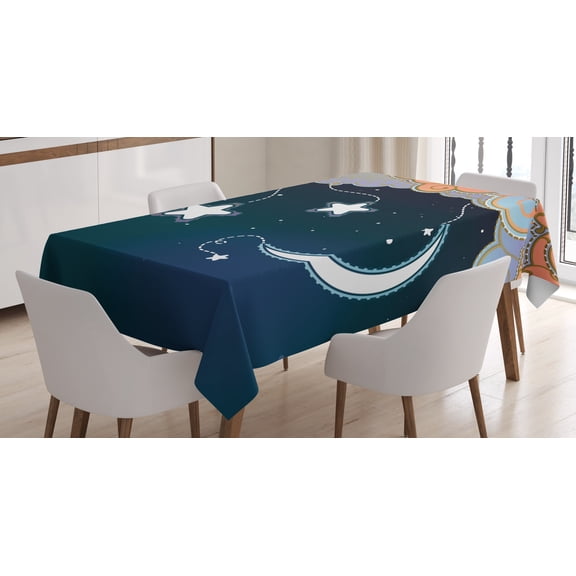 Ambesonne Moon Tablecloth Rectangular Table Cover, Clouds Stars and Moon, 60"x84", Dark Blue Salmon White