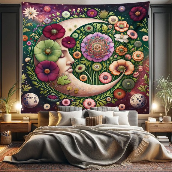 Ambesonne Moon Tapestry King Size, Starry Mandala Detail Luna Art, 104"x88", Pale Green Maroon Lilac