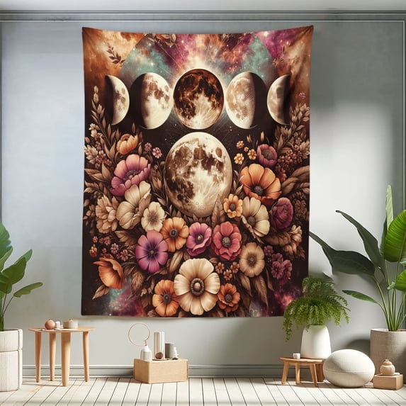 Ambesonne Moon Tapestry Twin Size, Dreamy Space Floral Luna Phase, 68"x88", Pale Mustard Dried Rose
