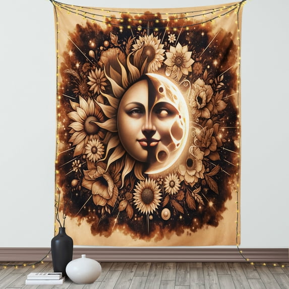 Ambesonne Moon Tapestry Wall Hanging, Medieval Astronomy Sun Lunar, 60"x80", Pale Brown Dark Taupe