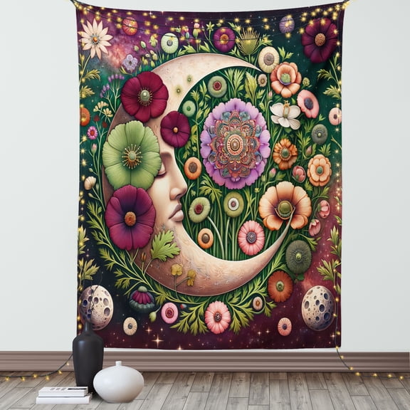 Ambesonne Moon Tapestry Wall Hanging, Starry Mandala Detail Luna Art, 40"x60", Pale Green Maroon Lilac
