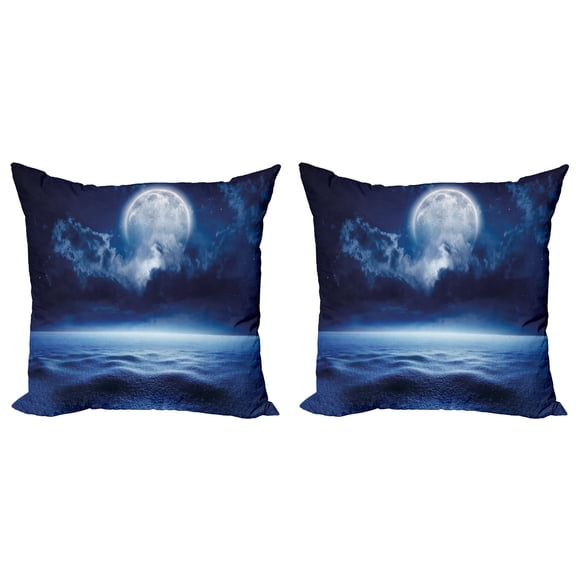 Ambesonne Moon Throw Pillow Cover 2 Pack, Full Moon and Calm Sea, 24", Navy Blue White