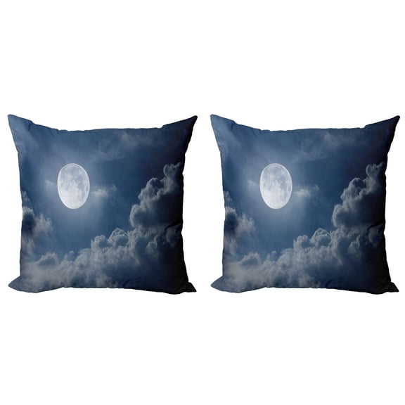 Ambesonne Moon Throw Pillow Cover 2 Pack, Night Skyline Full Moon, 18", Dark Blue White