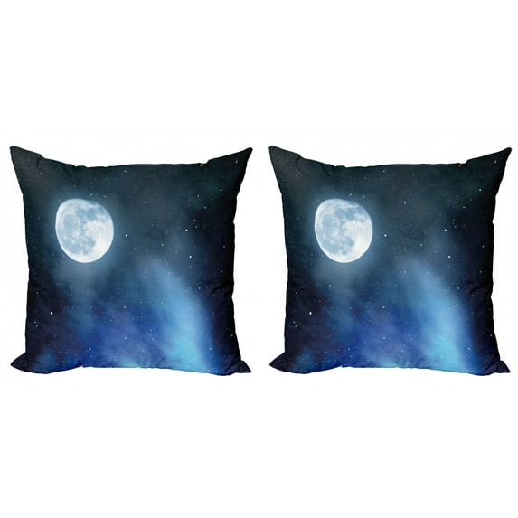 Ambesonne Moon Throw Pillow Cover 2 Pack, Starry Night Sky Full Moon, 24", Black Blue White