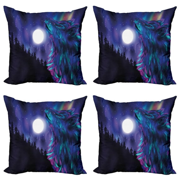 Ambesonne Moon Throw Pillow Cover 4 Pack, Aurora Borealis and Wolf, 16", Indigo Aqua Magenta