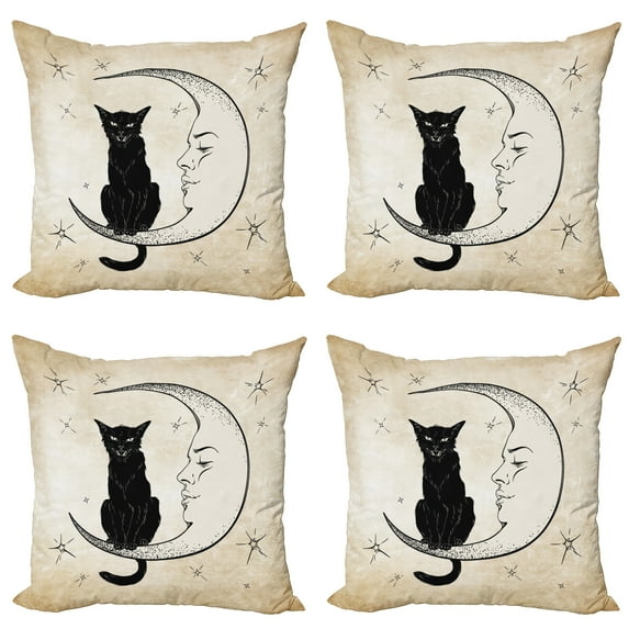 Ambesonne Moon Throw Pillow Cover 4 Pack, Black Cat Siting on Moon, 18", Sand Brown Black