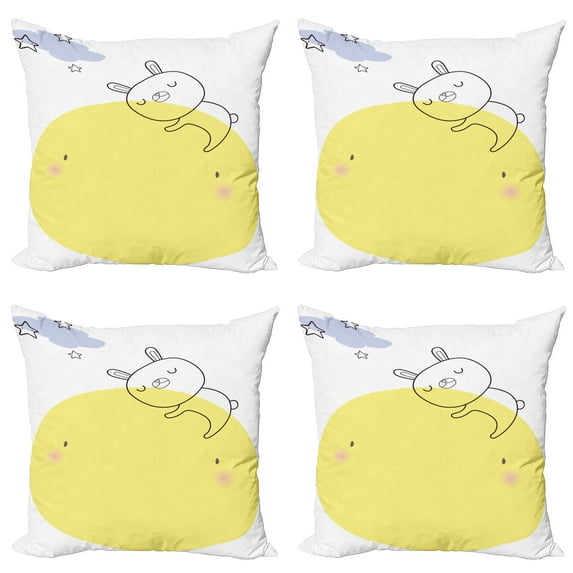 Ambesonne Moon Throw Pillow Cover 4 Pack, Doodle Sylte Cartoon Bunny, 20", Yellow Pink Blue