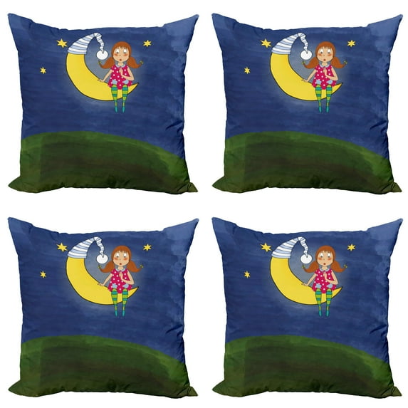 Ambesonne Moon Throw Pillow Cover 4 Pack, Girl on Moon Words Art, 18", Multicolor