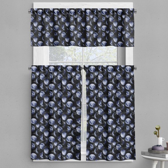 Ambesonne Moon Valance & Curtain, Night Concept Lunar Motifs Art, 55"x24", Soft Blue Black and Grey