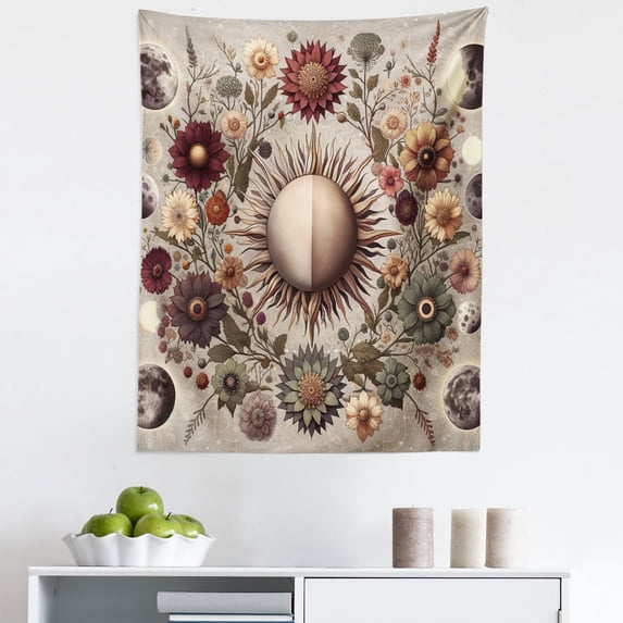 Ambesonne Moon Wall Hanging Tapestry, Abstract Cosmic Sun and Luna, 23"x28", Pale Mustard Reseda Green