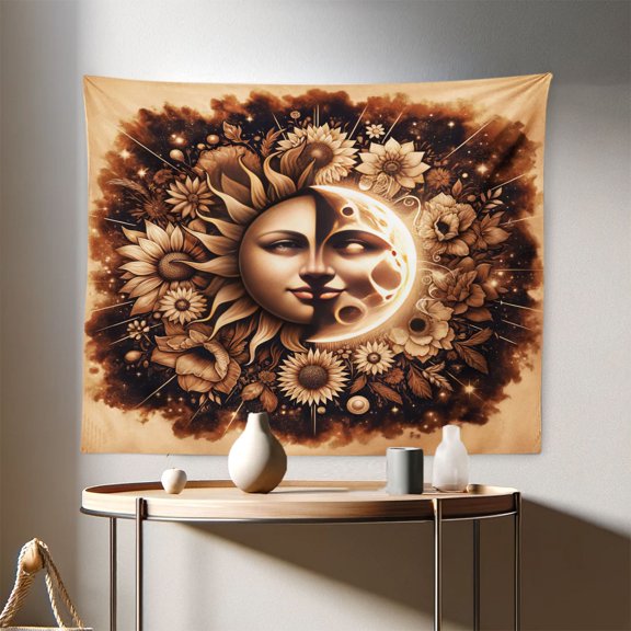 Ambesonne Moon Wall Hanging Tapestry, Medieval Astronomy Sun Lunar, 28"x23", Pale Brown Dark Taupe