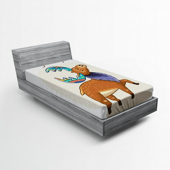 Ambesonne Moose Fitted Sheet, Colorful Fun Boho Deer, Twin Size, Multicolor