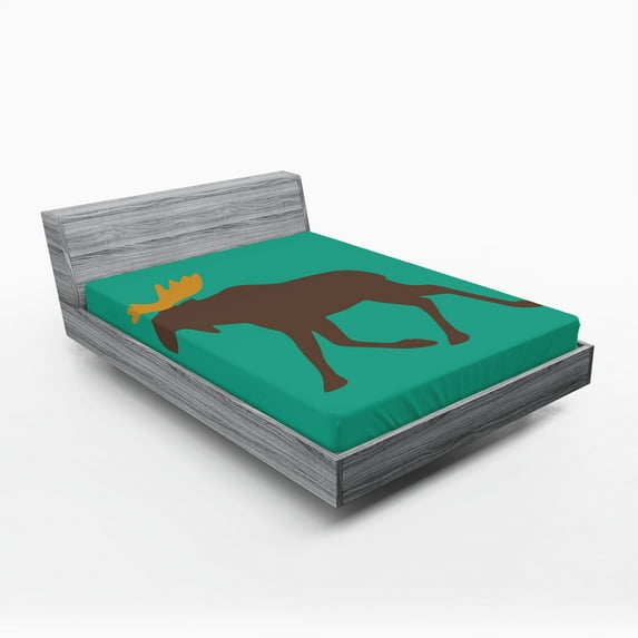 Ambesonne Moose Fitted Sheet, Deer Family and Antlers, Full Size, Sea Green Brown