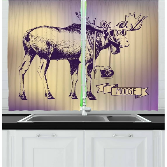 Ambesonne Moose Kitchen Curtains, Hipster Deer with Camera, 55"x45", Purple Beige