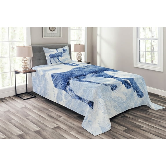 Ambesonne Moose Quilted Bedspread Set 2 Pcs, Blue Winter Antlers Tree, Twin Size, Blue White
