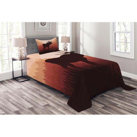 Ambesonne Moose Quilted Bedspread Set 2 Pcs, Forest Antlers Wild Deer, Twin Size, Peach and Brown