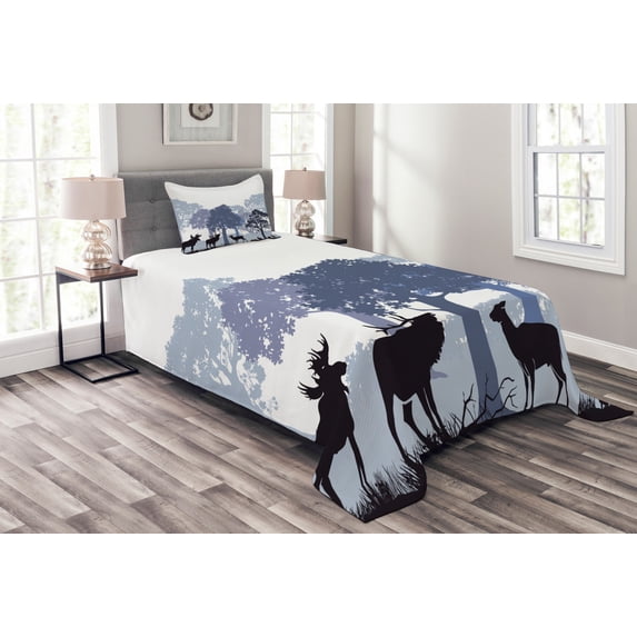 Ambesonne Moose Quilted Bedspread Set 2 Pcs, Grey Wild Forest Animals, Twin Size, Black White Grey