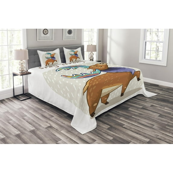 Ambesonne Moose Quilted Bedspread Set 3 Pcs, Colorful Fun Boho Deer, Queen Size, Multicolor